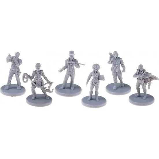 A collection of six detailed plastic miniatures and character cards for the City of the Great Machine expansion