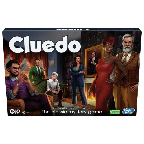 Cluedo Classic murder mystery board game box featuring Tudor Mansion artwork and six iconic suspect characters