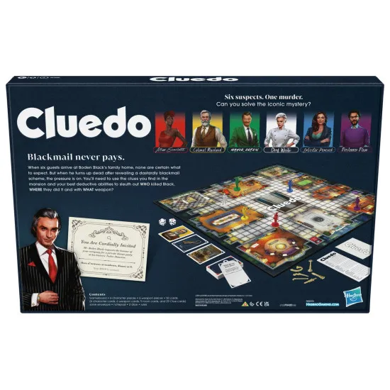 Cluedo Classic murder mystery board game box featuring Tudor Mansion artwork and six iconic suspect characters
