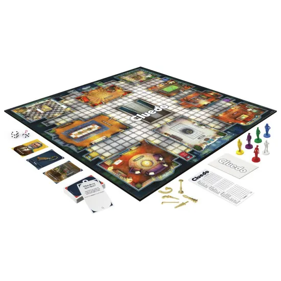 Cluedo Classic murder mystery board game box featuring Tudor Mansion artwork and six iconic suspect characters