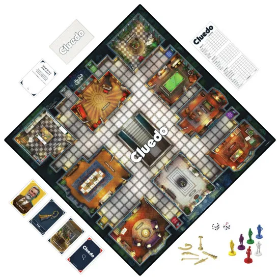 Cluedo Classic murder mystery board game box featuring Tudor Mansion artwork and six iconic suspect characters