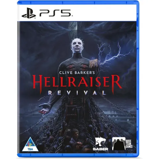 A PlayStation 5 game case depicting the iconic Cenobite Pinhead holding a glowing puzzle box in a dark, chain-draped industrial labyrinth