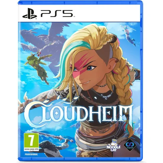 A PlayStation 5 game case showing a vibrant fantasy world with a giant flying turtle carrying a bustling workshop on its shell through sunlit clouds