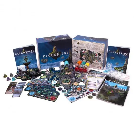 Cloudspire board game box featuring floating realm of Ankar faction artwork and tower defence battle scene