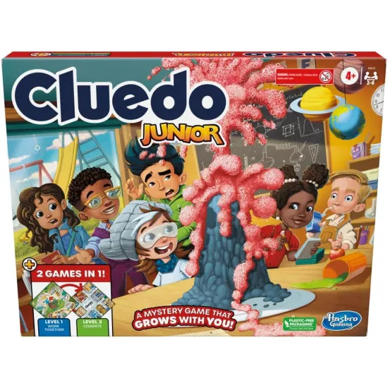Cluedo Junior board game box featuring kid-friendly Clue characters and double-sided mystery gameboard design
