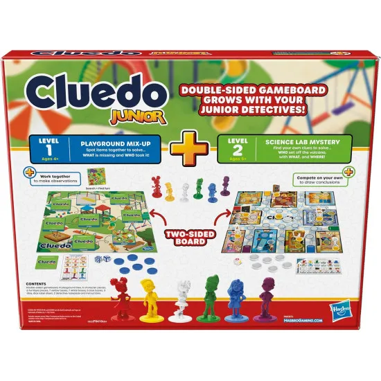Cluedo Junior board game box featuring kid-friendly Clue characters and double-sided mystery gameboard design