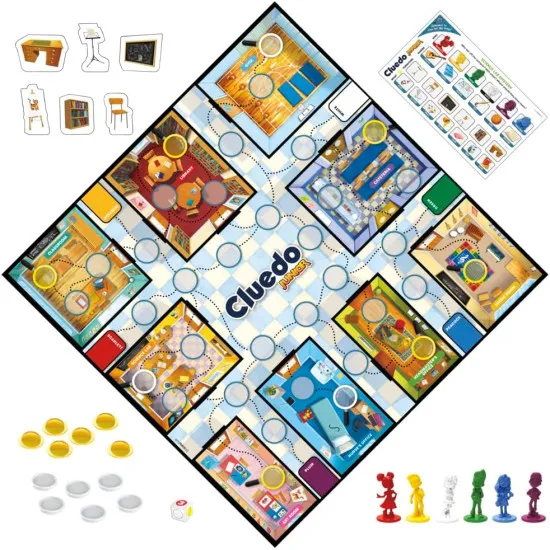 Cluedo Junior board game box featuring kid-friendly Clue characters and double-sided mystery gameboard design