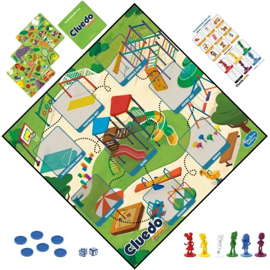 Cluedo Junior board game box featuring kid-friendly Clue characters and double-sided mystery gameboard design