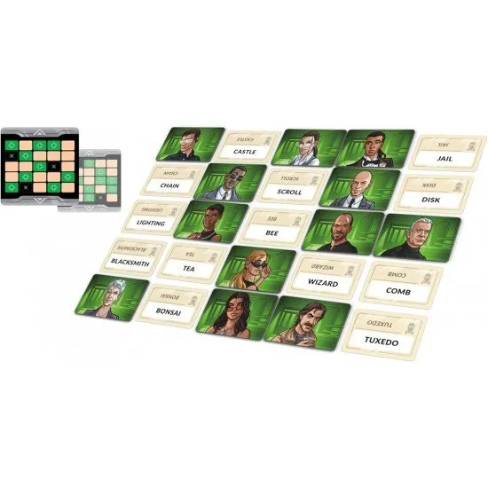 Two players sitting across from each other with a 5x5 grid of word cards and a double-sided key card in a stand