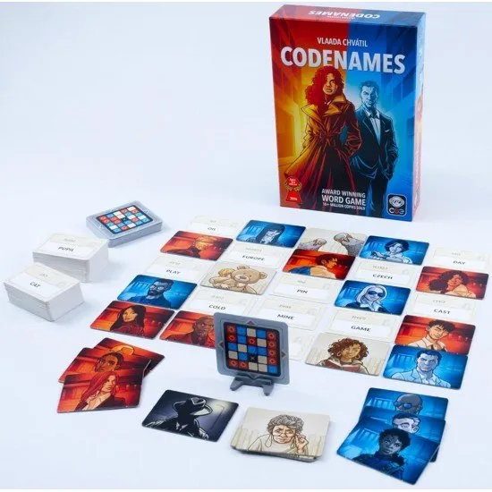 Box art for Codenames 2025 Edition showing spy silhouettes and word grids