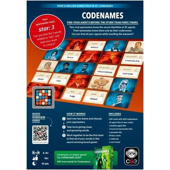 Box art for Codenames 2025 Edition showing spy silhouettes and word grids
