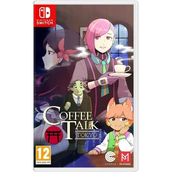 A Nintendo Switch game case showing a cozy, warm coffee shop interior during a rainy night in Tokyo as a barista pours glowing hot drinks for diverse human and spirit clients
