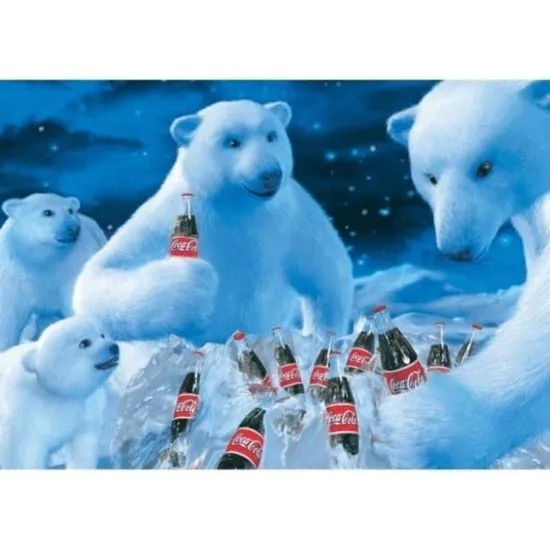 Coca-Cola Polar Bears 1000 Piece Puzzle Schmidt The box art for the Coca-Cola Polar Bears 1000-piece jigsaw puzzle, showing a polar bear family sharing a bottle of Coca-Cola in a snowy, twilight landscape.
