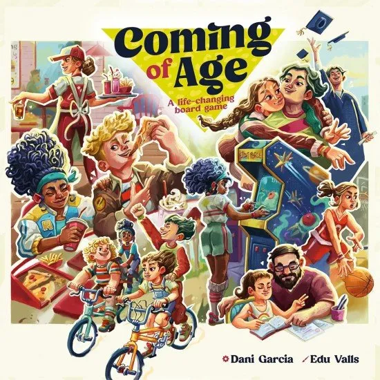 Coming of Age board game box featuring coming-of-age life journey artwork with child and adolescent character illustrations