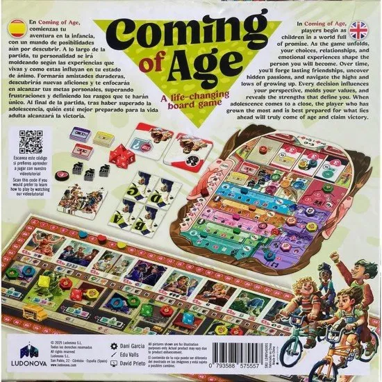 Coming of Age board game box featuring coming-of-age life journey artwork with child and adolescent character illustrations