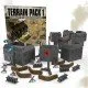 3D terrain pieces for Company of Heroes including grey plastic buildings, sandbags, and tank traps