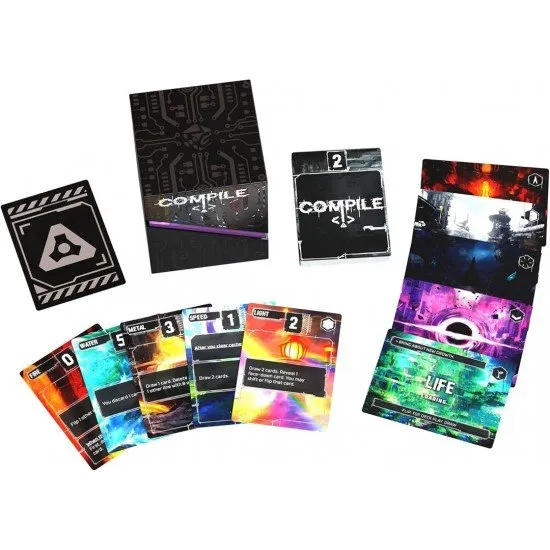 Compile Main 1 card game box showing abstract digital protocol designs