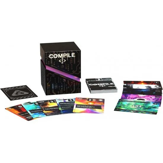Compile Main 1 card game box showing abstract digital protocol designs