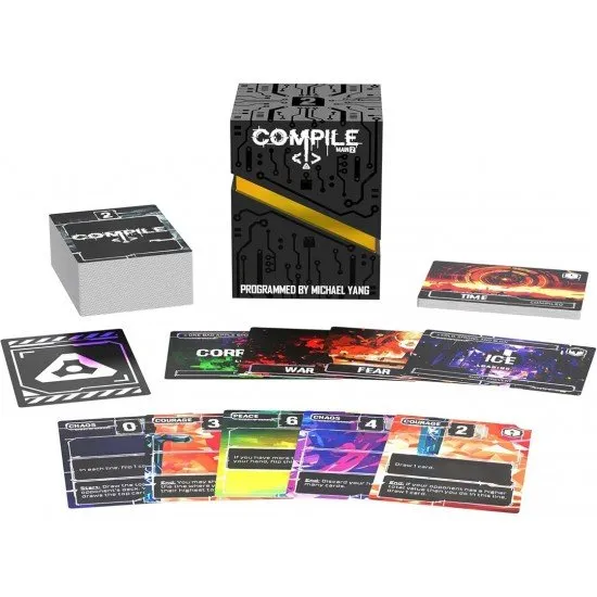 Compile Main 2 card game box with abstract digital and void-themed artwork