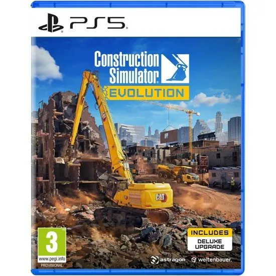A high-power yellow excavator working on a large-scale construction site with a sprawling city skyline in the distance