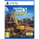 A high-power yellow excavator working on a large-scale construction site with a sprawling city skyline in the distance