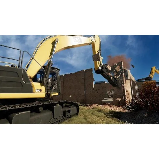 A high-power yellow excavator working on a large-scale construction site with a sprawling city skyline in the distance
