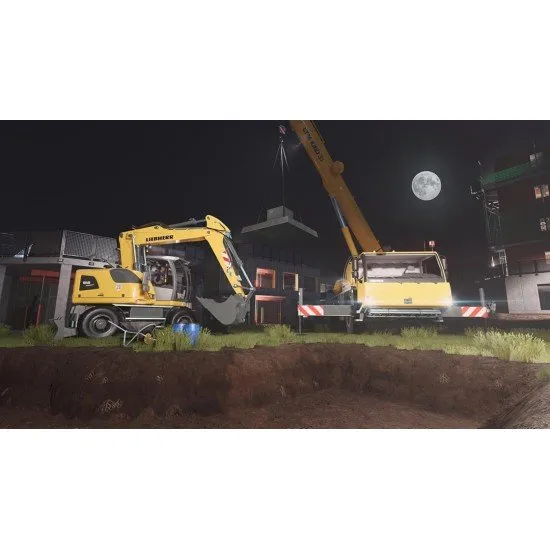 A high-power yellow excavator working on a large-scale construction site with a sprawling city skyline in the distance
