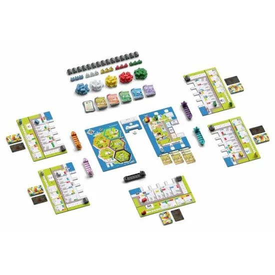 Container board game box featuring shipping company and cargo management artwork for this economic strategy game