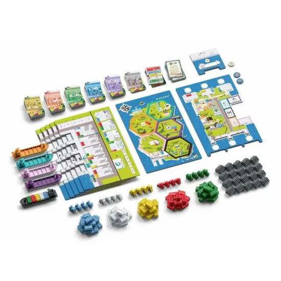 Container board game box featuring shipping company and cargo management artwork for this economic strategy game
