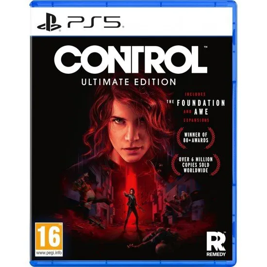 A PlayStation 5 game case showing Director Jesse Faden floating in mid-air amidst levitating concrete debris within a stark, red-lit brutalist concrete hallway