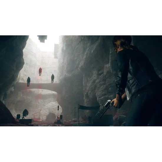 A PlayStation 5 game case showing Director Jesse Faden floating in mid-air amidst levitating concrete debris within a stark, red-lit brutalist concrete hallway