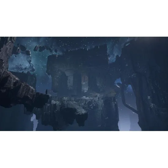 A PlayStation 5 game case showing Director Jesse Faden floating in mid-air amidst levitating concrete debris within a stark, red-lit brutalist concrete hallway