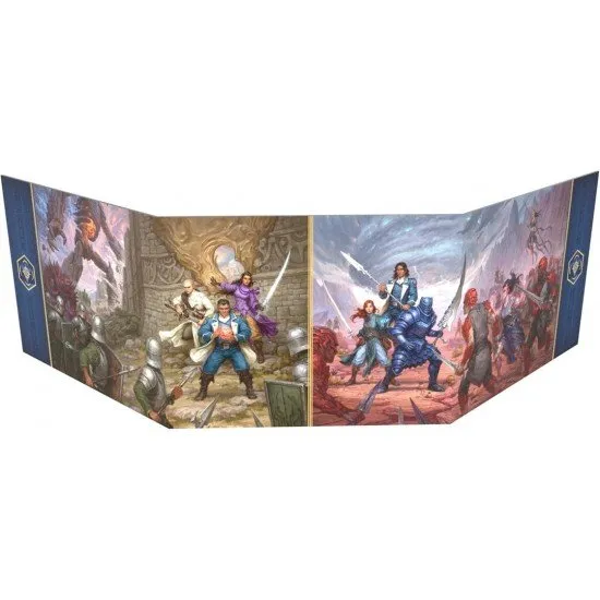 Cosmere RPG Stormlight GM Screen showing three panels with vivid player-facing artwork of Roshar and mechanical reference tables on the interior