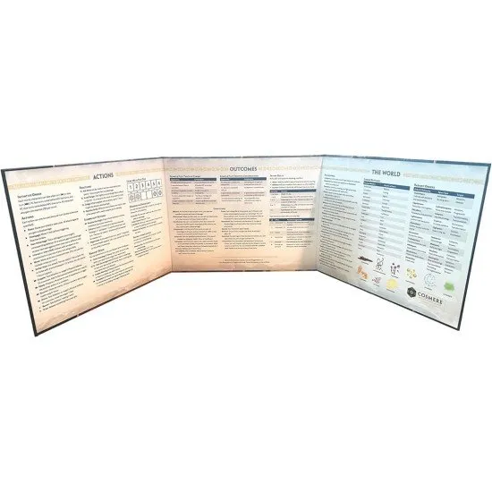 Cosmere RPG Stormlight GM Screen showing three panels with vivid player-facing artwork of Roshar and mechanical reference tables on the interior