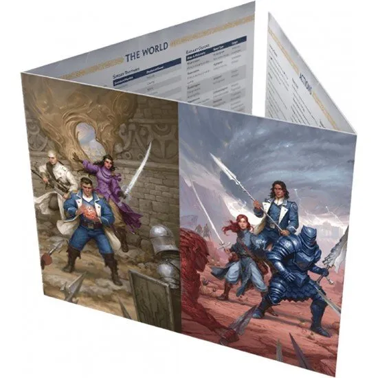 Cosmere RPG Stormlight GM Screen showing three panels with vivid player-facing artwork of Roshar and mechanical reference tables on the interior
