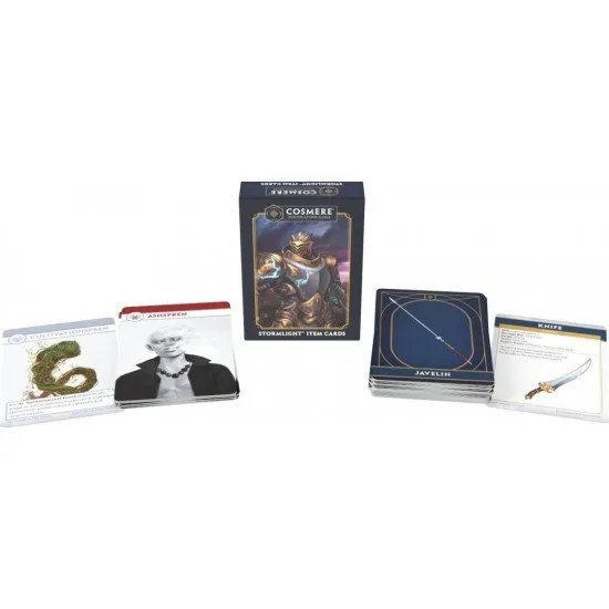 A deck of Cosmere RPG Stormlight Item Cards featuring illustrations of swords, spears, and spren companions