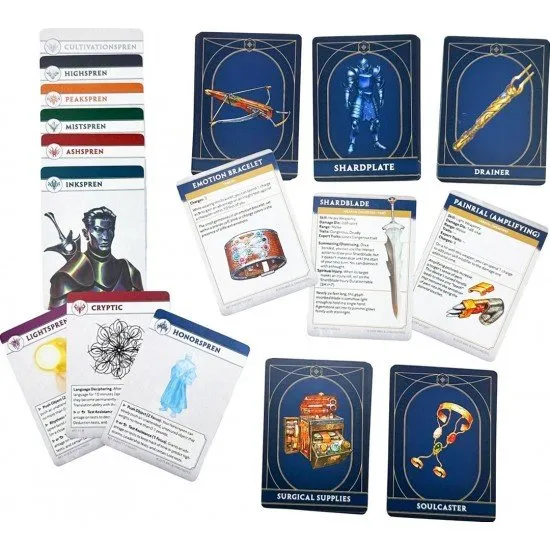 A deck of Cosmere RPG Stormlight Item Cards featuring illustrations of swords, spears, and spren companions