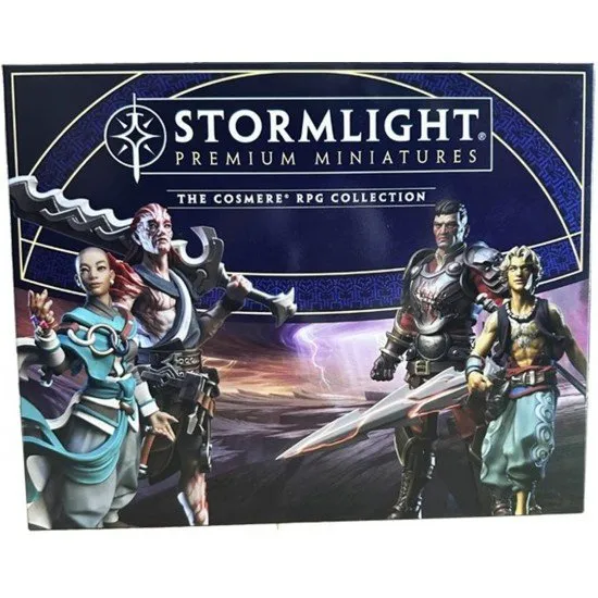 Box set of 20 unpainted premium miniatures for the Cosmere RPG showing various Knights Radiant and creatures from Roshar