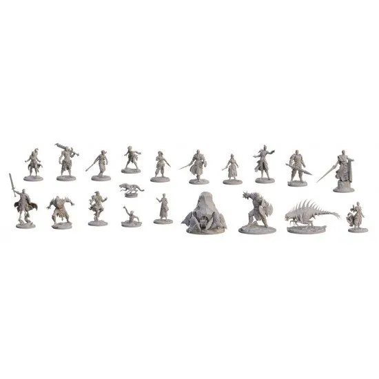 Box set of 20 unpainted premium miniatures for the Cosmere RPG showing various Knights Radiant and creatures from Roshar