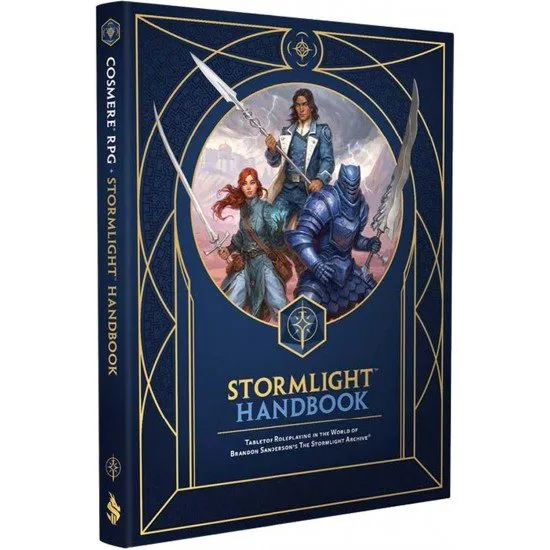 Cosmere RPG Stormlight Handbook hardcover front cover featuring a Knight Radiant in Shardplate against the backdrop of Roshar
