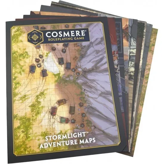 A collection of printed Cosmere RPG Stormlight Adventure Maps showing various terrains and tactical layouts from the Shattered Plains