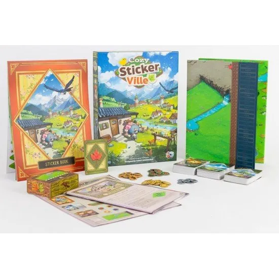 Cozy Stickerville board game box showing a vibrant village landscape and various colourful stickers