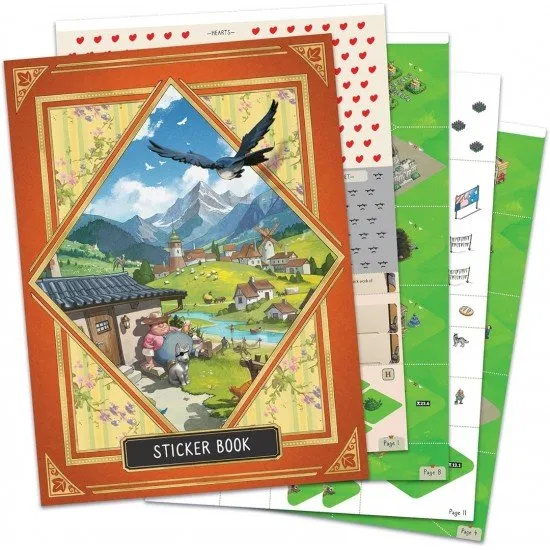 Cozy Stickerville board game box showing a vibrant village landscape and various colourful stickers