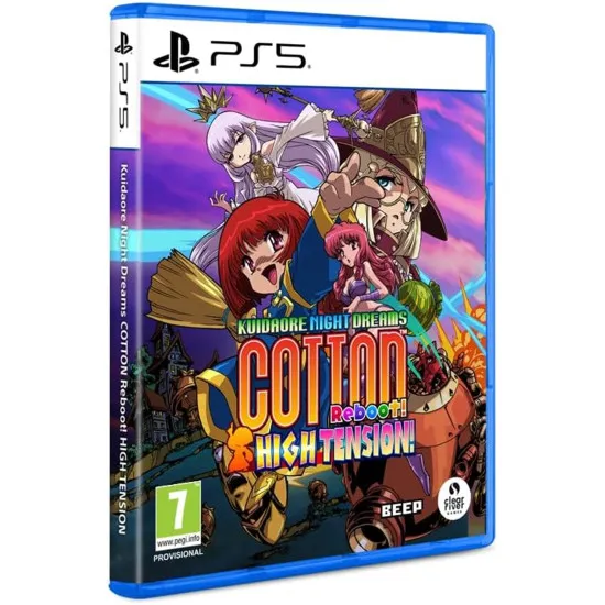 PlayStation 5 game case for Cotton Reboot High Tension showing the witch Cotton and Silk battling giant rebellious Willow candy enemies
