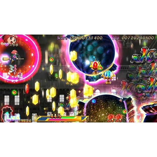 PlayStation 5 game case for Cotton Reboot High Tension showing the witch Cotton and Silk battling giant rebellious Willow candy enemies