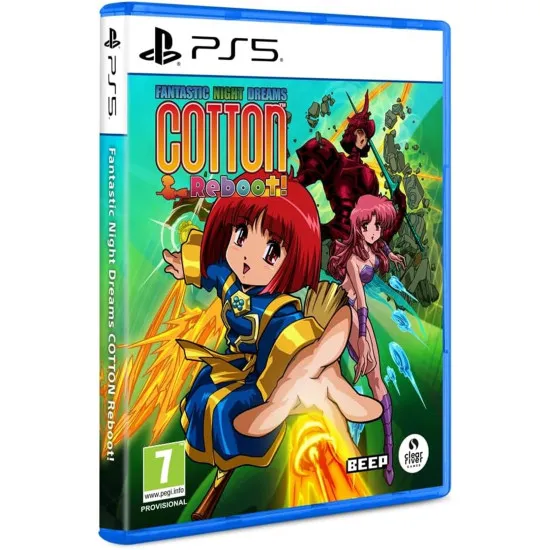 PlayStation 5 game case for Cotton Reboot showing the witch Cotton riding her broomstick with Willow candy in hand