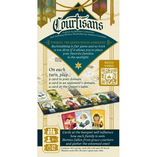 The box art for the Courtisans card game, showing stylized characters in 18th-century noble attire in a palace hall, with cards and an ornate table.