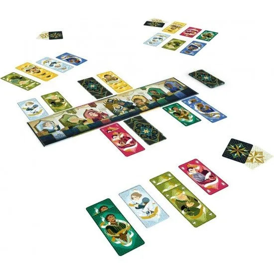 The box art for the Courtisans card game, showing stylized characters in 18th-century noble attire in a palace hall, with cards and an ornate table.