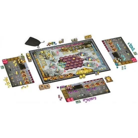 Detailed dwarf tokens and tools placed on a mountain board depicting ancient halls and subterranean construction