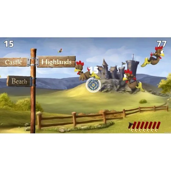 A humorous scene of cartoon chickens dressed as cowboys in a Wild West setting and flying over a Scottish moor